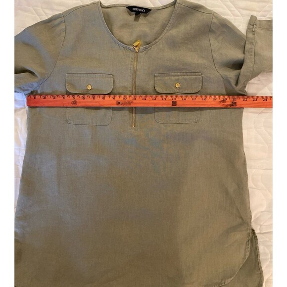 Ellen Tracy Blouse 100% Linen Sz Large Gray Green Top Tunic Front Pockets Hi Low - Picture 9 of 11